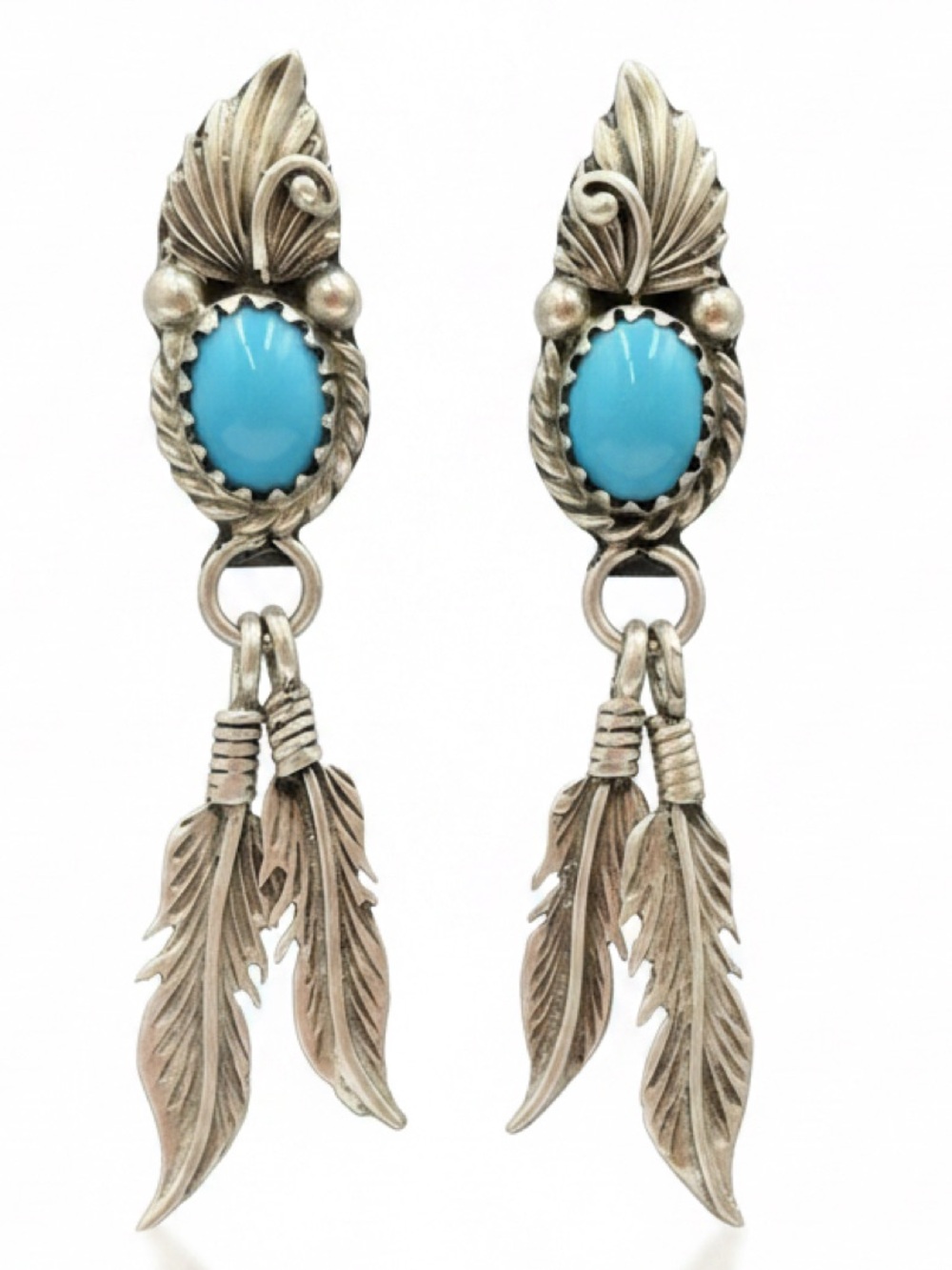 VTG Navajo Signed RB Sterling Silver Turquoise Feather Earrings XRF 94.1%